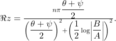 \Re{z} =\frac{n\pi \dfrac{\theta +\psi}{2}}{ \left(\dfrac{\theta +\psi}{2}\right)^2 + \left( \dfrac{1}{2} \log \left\lvert\dfrac{B}{A}\right\rvert\right)^2}.